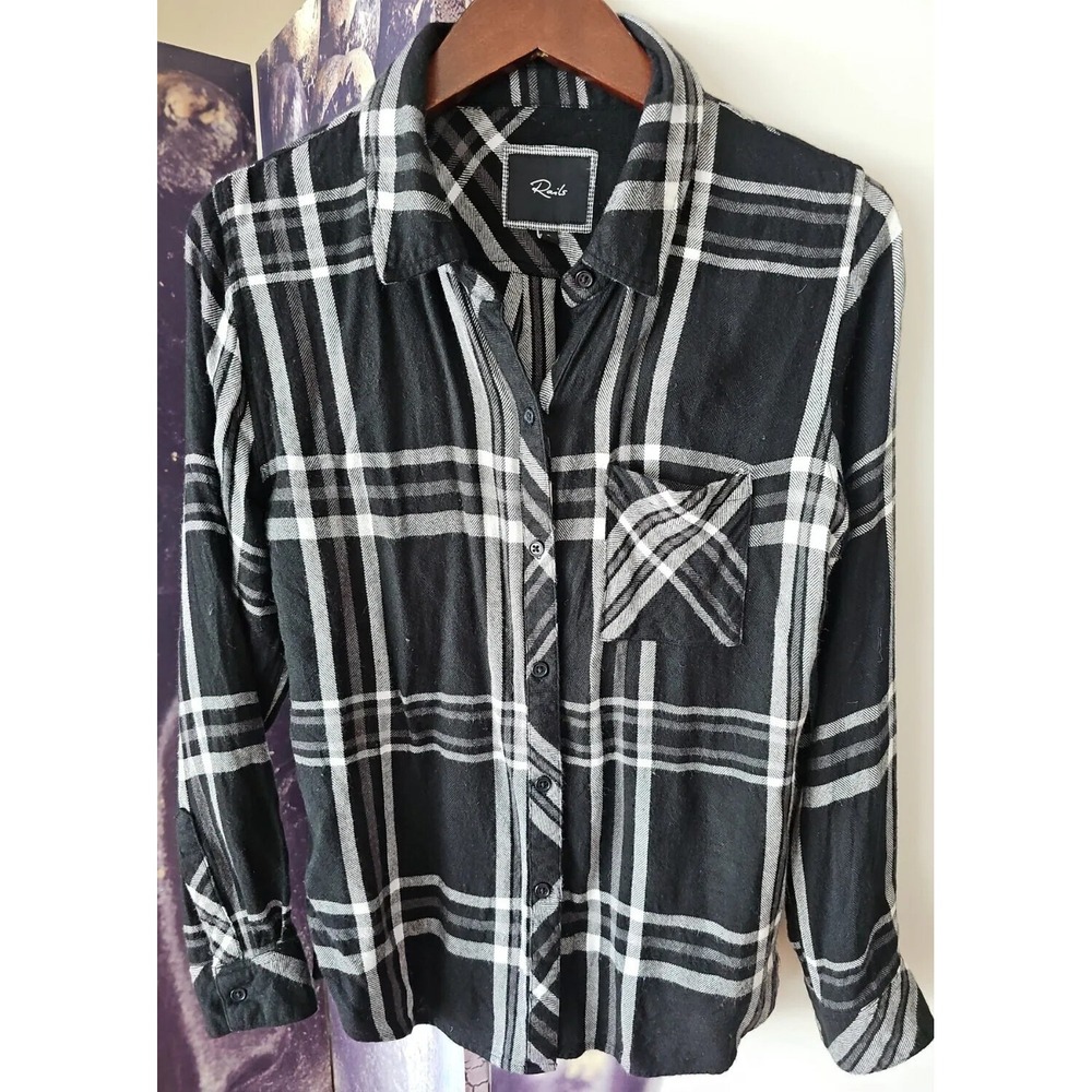 Rails Women's Black‎ Plaid Shirt Long Sleeve Collared Flannel Button Up Size S